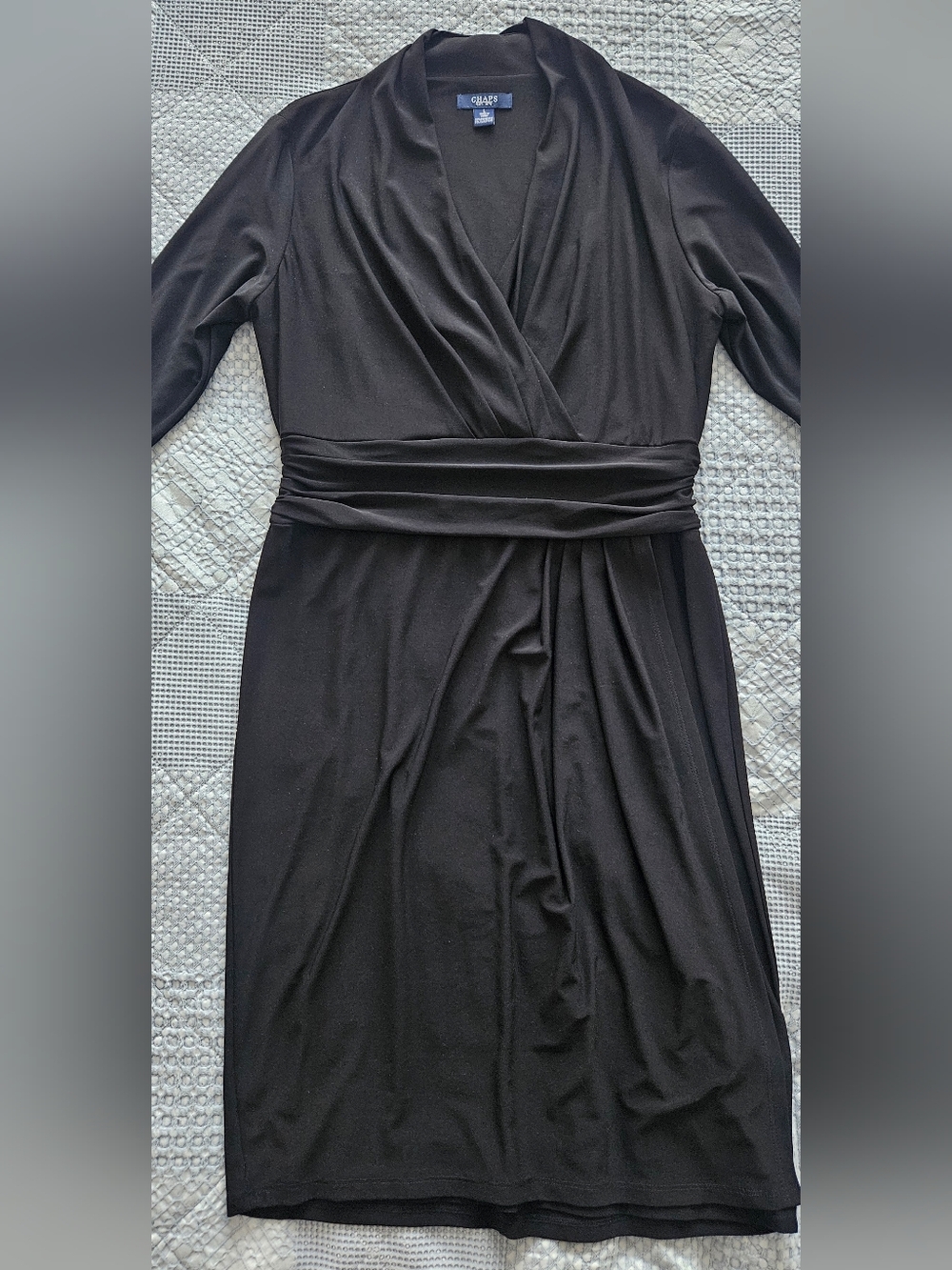 Chaps Black Long Sleeve Ruched Faux Wrap Dress Size Large